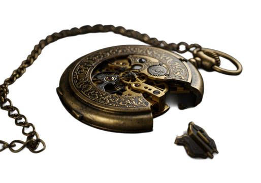 Ornate antique pocket watch with exposed gears isolated on transparent background