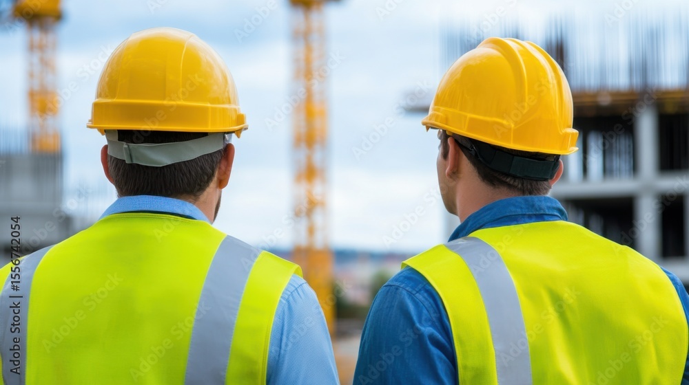 Poster two construction workers observing building site operations in helmets