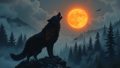 Silhouette of a wolf howling at a large orange moon over a misty mountain landscape.