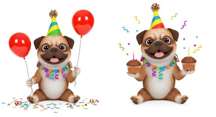 Cartoon pug dogs celebrating birthday