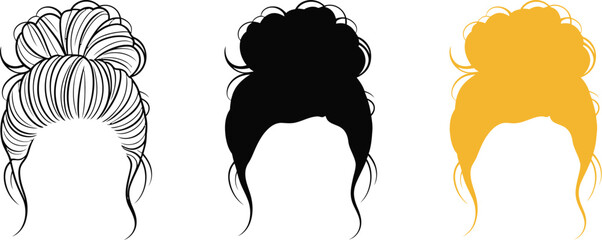 Messy bun hairstyle tutorial how to easy quick hair updo styles for long medium short hair women girl trend editable vector illustration with png format