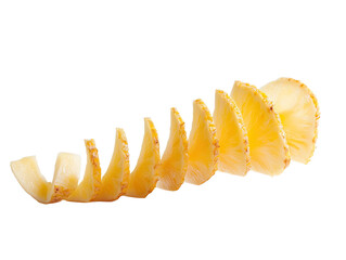 Freshly sliced pineapple rings arranged in a curved line on white background