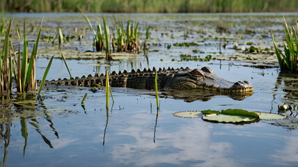 Fototapeta premium A crocodile silently glides through a swampy wetland