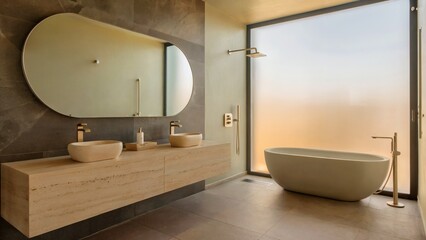Elegant minimalist bathroom with gold accents, soft taupe flooring, frosted light window, and a travertine vanity setup