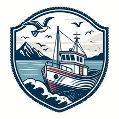Retro coastal fishing badge featuring a small boat, stylized waves, and circling seagulls.