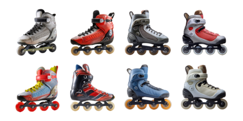 Colorful Inline Roller Skates on White Background, PNG collection, set bundle, isolate on transparent or white background