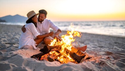 Romantic couple by a beach bonfire