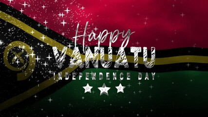 Happy Vanuatu Independence Day Text Animation with waving flag background and fireworks . Great for celebrating national holidays or cultural events design projects.
