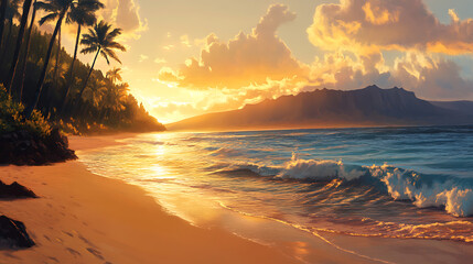 sunset on the beach with plam trees and water waves