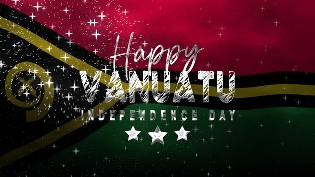 Happy Vanuatu Independence Day Text Animation with waving flag background and fireworks . Great for celebrating national holidays or cultural events design projects.