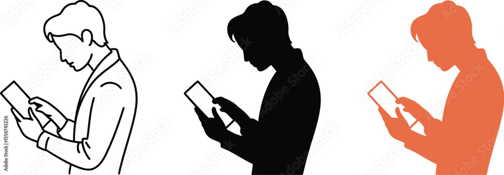 Poster man using tablet vector illustration silhouette outline orange communication technology device scree