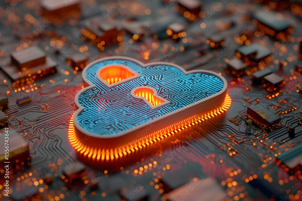 Poster a glowing digital lock icon sits atop a circuit board, symbolizing cybersecurity and data protection