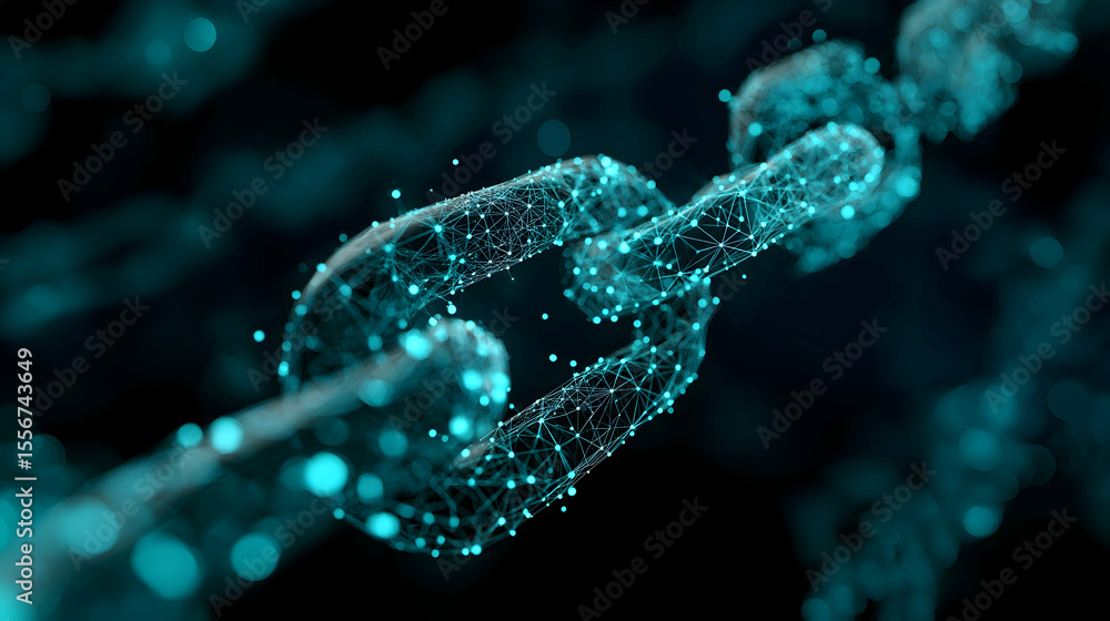 Aufkleber digital 3d rendering of a glowing chain link made of interconnected blue nodes and lines on a dark b