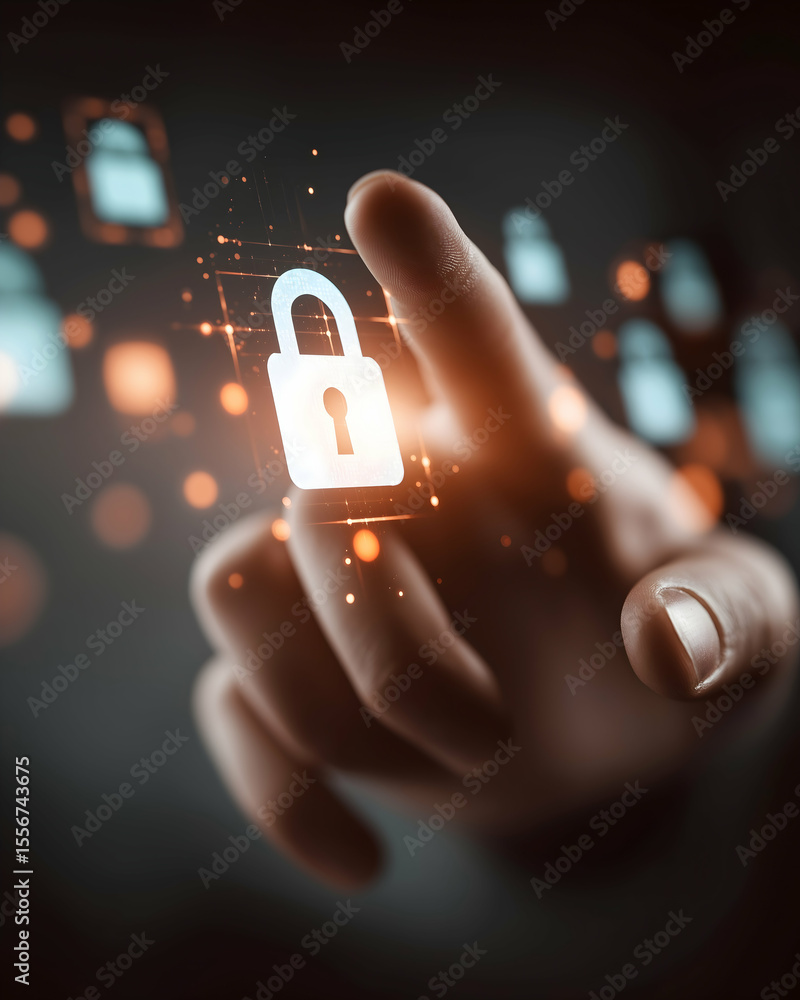 Poster a finger touches a glowing digital padlock icon symbolizing cybersecurity and data protection in a f