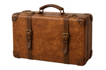 Old brown leather suitcase closed with metal buckles, isolated on transparent background, ideal for travel and adventure concepts