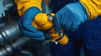 A worker wearing blue gloves handles a yellow industrial valve in a mechanical or factory setting.