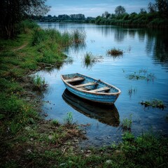 Obraz premium Tranquil river scene with a small boat