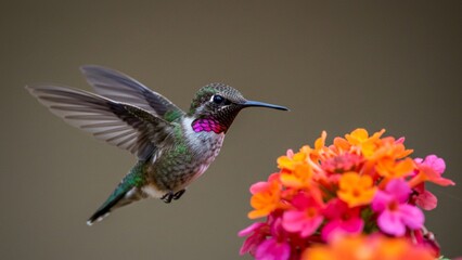 Fototapeta premium A hummingbird pauses on a brightly colored flower, wings blurring with speed, focusing on beak and eyes.