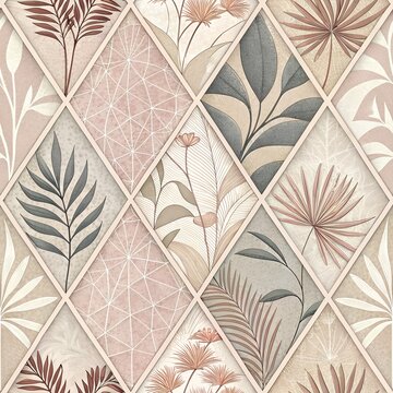 Elegant Botanical Diamond Pattern Wallpaper Featuring Floral Leaves and Soft Modern Colors