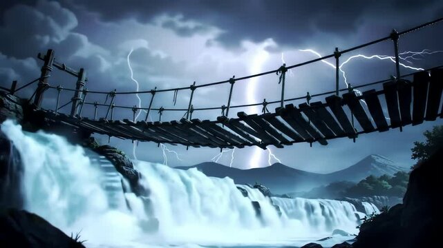 A rickety rope bridge spans a waterfall under a stormy sky with lightning
