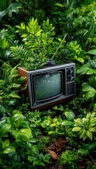 Vintage TV in lush jungle foliage