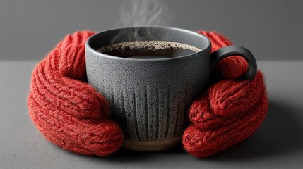 Warm coffee in winter mittens