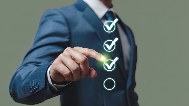 Business hand selects glowing green checkmark in digital checklist interface with blurred background and approval icons