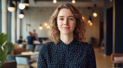 A confident young European female entrepreneur poses with a warm smile in a modern office space, showcasing her professional demeanor and leadership qualities.