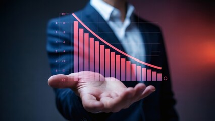 Visualizing negative business trends with holographic red data bars dropping above corporate hand in dark tech space
