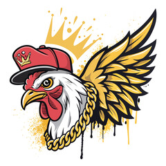 A vibrant street art mural depicting a chicken head adorned with a gold grill, rendered in graffiti style.  Focus on the intricate details and bold colors.