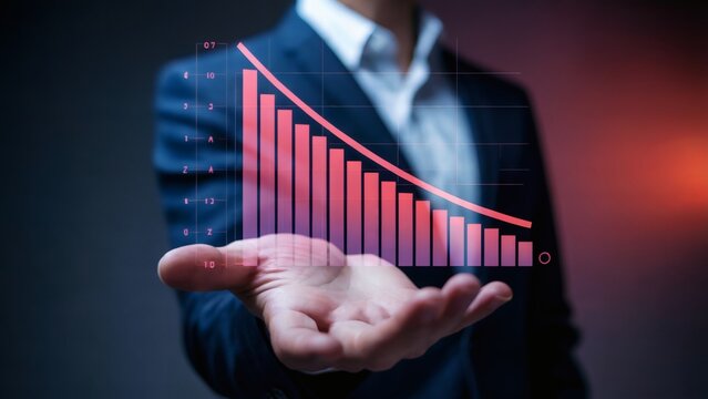 Visualizing negative business trends with holographic red data bars dropping above corporate hand in dark tech space