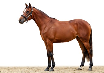 Obraz premium Elegant brown horse standing isolated on white background in full length