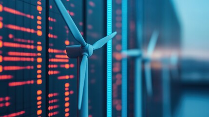 A wind turbine stands in front of illuminated computer servers, symbolizing green energy powering modern data centers.