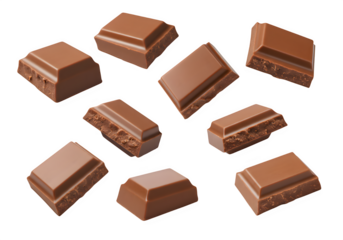 Falling chocolate pieces isolated on white or transparent background. PNG, cutout