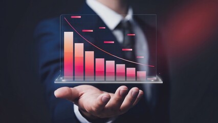 Open hand reveals glowing red-pink descending graph with curved trendline, projecting business decline and urgency