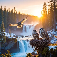 Fototapeta premium Two vibrant birds, one blue and one yellow, perch on a cozy nest made of twigs and leaves, with a majestic waterfall cascading in the background.