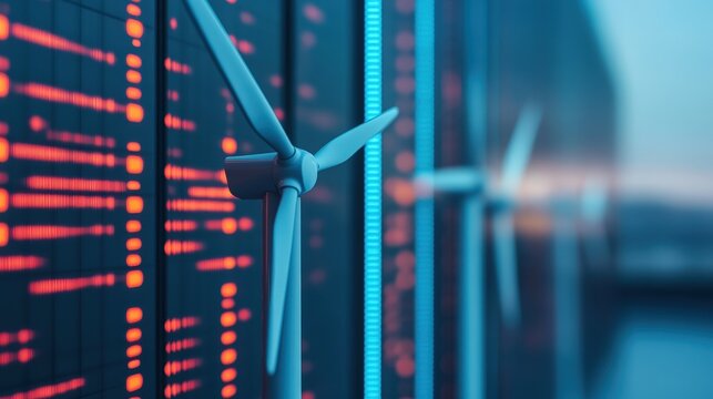 A wind turbine stands in front of illuminated computer servers, symbolizing green energy powering modern data centers.