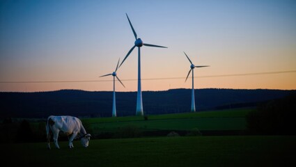 Wind turbines and grazing cow at sunset in rural landscape