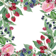 Floral, watercolor frame with hand drawn peony flowers, wild raspberries and blackberries, cherries and green leaves. Forest flowers, berries square frame on a white background.