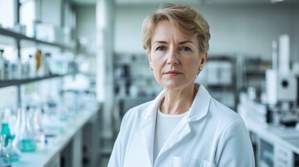 A focused middle-aged European woman dressed in a white laboratory coat stands confidently in a modern lab, showcasing her expertise in scientific research and analysis.