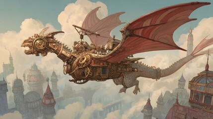 Obraz premium Steampunk dragon airship above cityscape