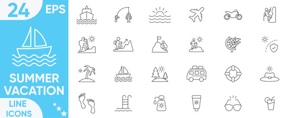 Summer Vacation icons set.Travel, Tourism, Beach, landscapes, holidays, sun, swimming, sunscreen, sunglasses, palm tree, ice cream and more.Vector and illustrator set.