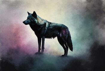 Majestic Black Wolf in Mystical Fog A Stunning Wildlife Illustration