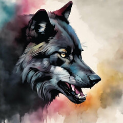 Majestic Black Wolf Watercolor Painting A Captivating Portrait of Wild Canine Majesty