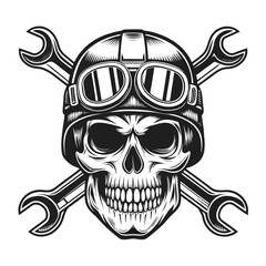 A vintage skull wearing welding goggles and clutching a spanner, detailed, dark background, gritty texture, steampunk aesthetic.