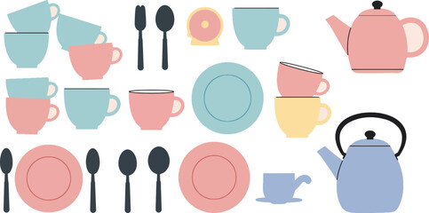 Pastel Tea Party Cute Illustrations of Teacups, Teapots, and Plates