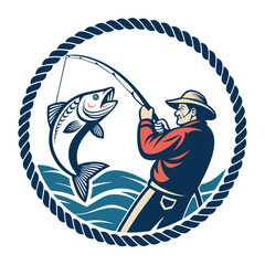 Design a vintage-style angler logo featuring a fish silhouette within a rope border, incorporating a subtle nautical theme.  Include high-quality, detailed vector graphics.