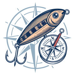 Design a vintage-style logo featuring a wooden fishing lure intertwined with a compass, evoking a sense of adventure and nostalgia.  Include intricate details.