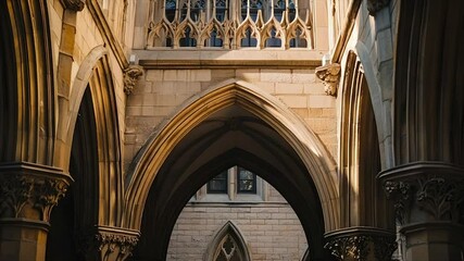 Sunlight illuminates ornate stone arches & Gothic architecture details in a cloister