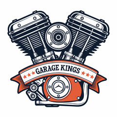Close-up detailed shot of a powerful V-twin motorcycle engine, prominently displaying a "Garage Kings" banner.  High-quality image showcasing intricate mechanical details.